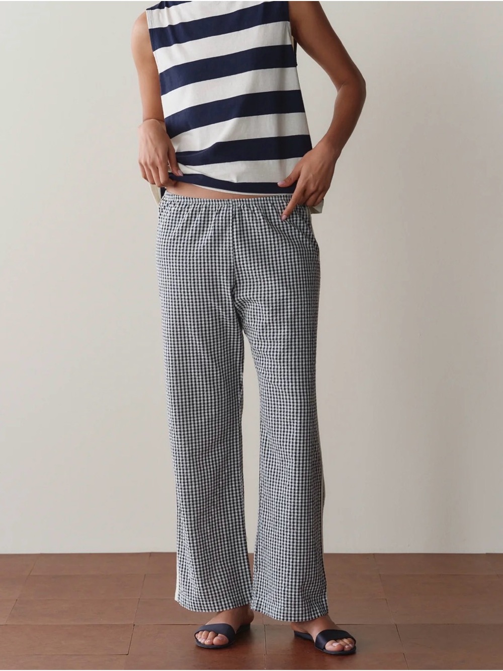 DONNI. Navy gingham cotton stripe pant small S $228